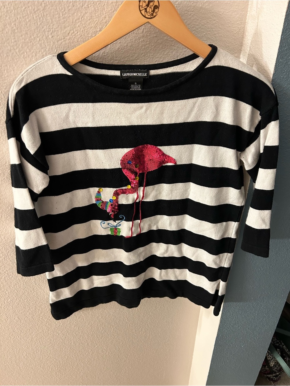 Lauren Michelle Striped Long Sleeve Top with Pink Sequin Flamingo size small